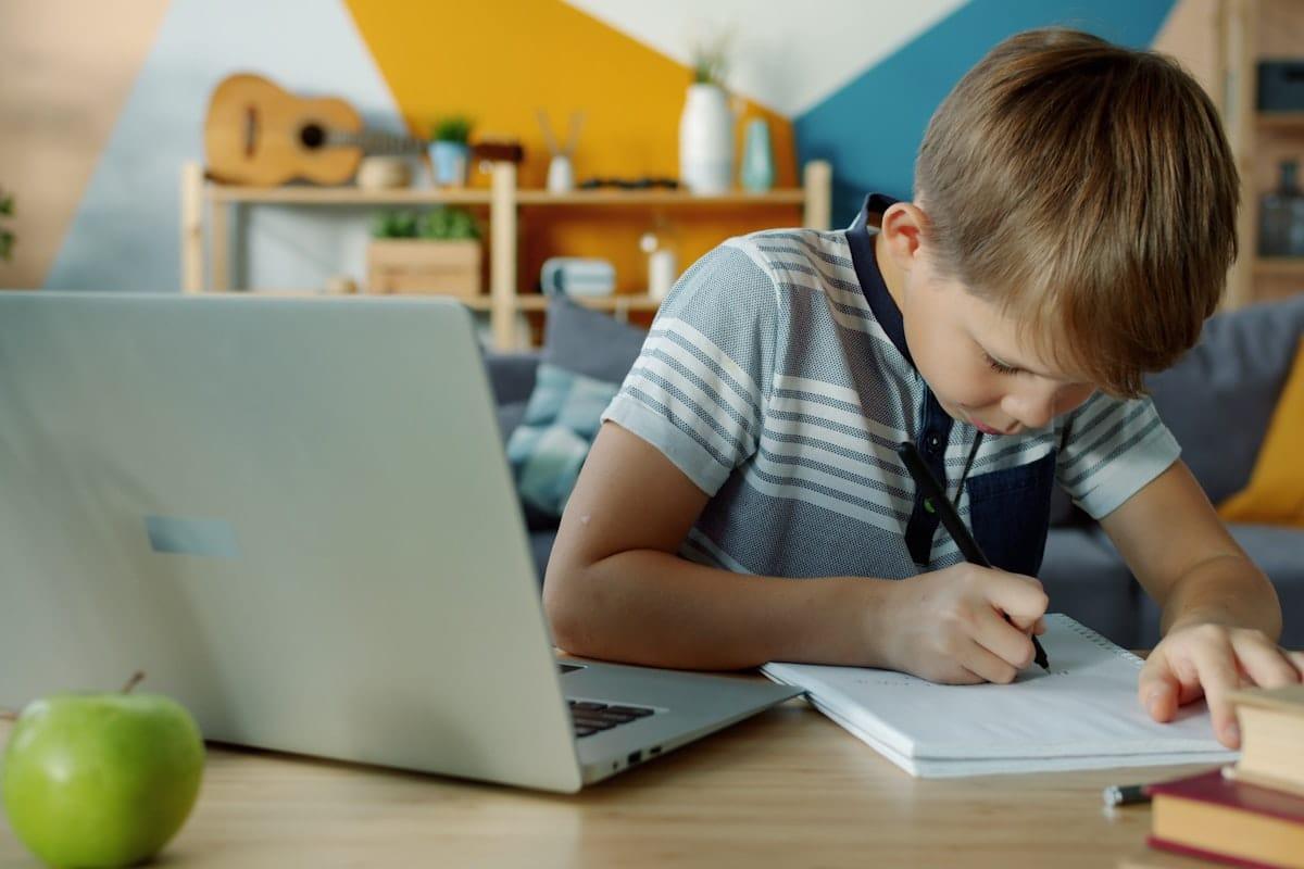 Jeune garcon etudiant devant un ordinateur portable avec un cahier