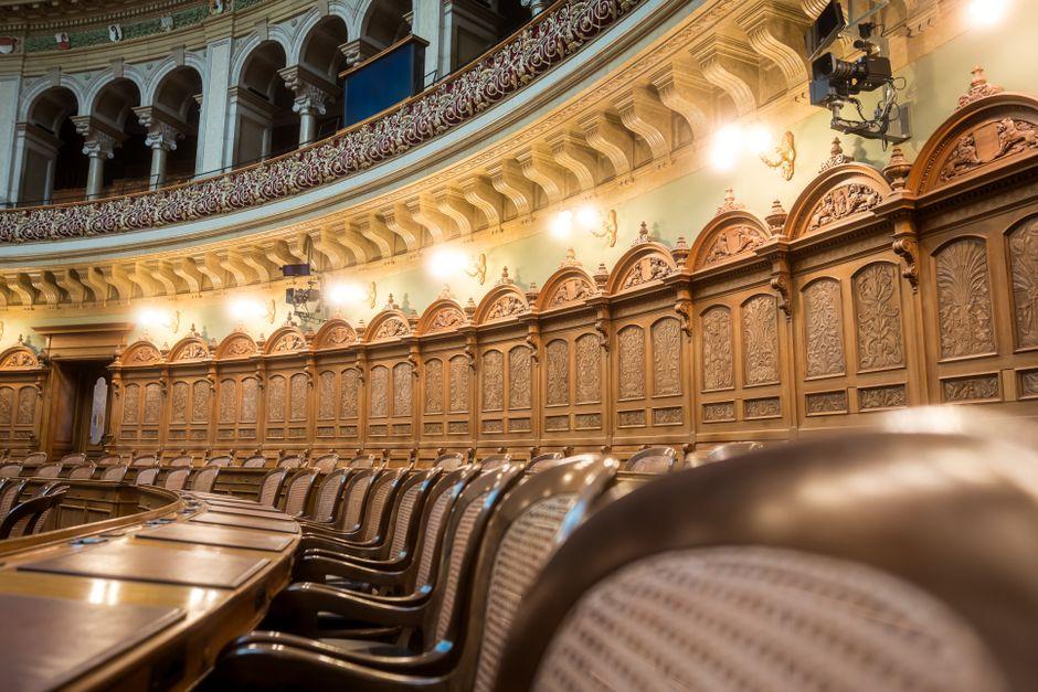 Interior view of the elegant Swiss Parliament council chamber in Bern, Switzerland.