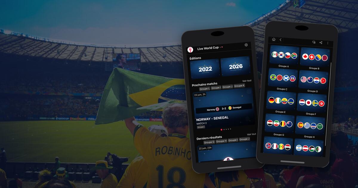 Supporter en stade avec l'appli Live World Cup sur téléphone — accueil et groupes Coupe du Monde 2026